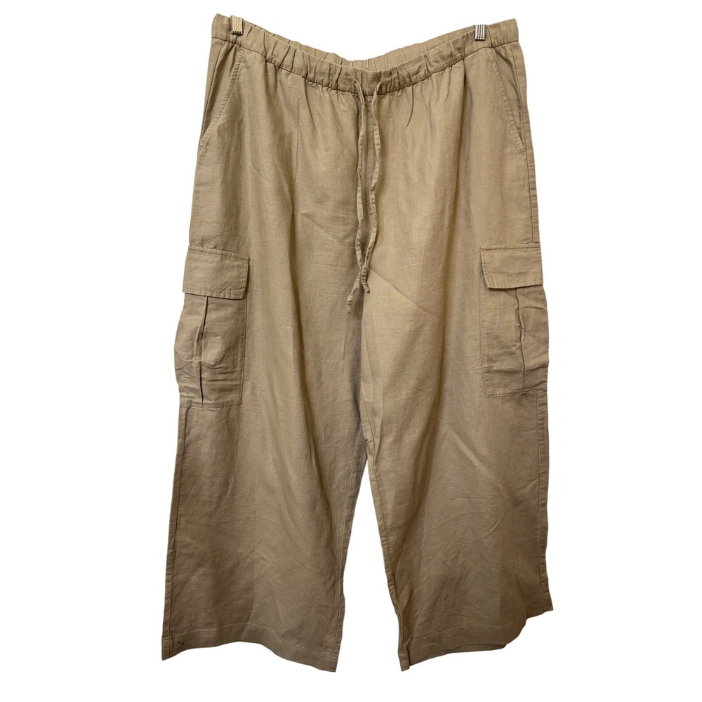 GAP Womens XL Tan Linen Blend Wide Leg Pull On Cargo Pants 855963-02 Khaki